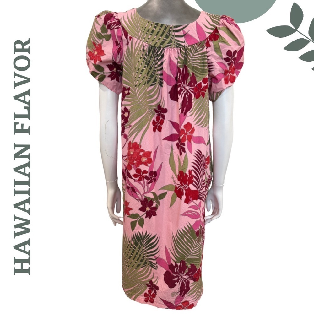 Vintage-Inspired Hawaiian Flavor Island Print Dress | Tulip Puff Sleeves | Small - Picture 4 of 7